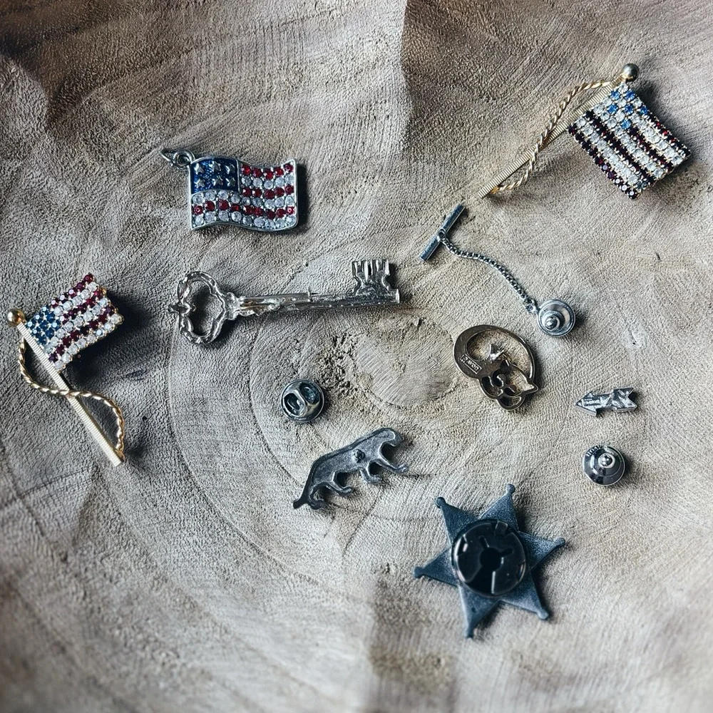8pc Vintage Brooch & Pin Lot - Avon, Penn State, Western Button Cover